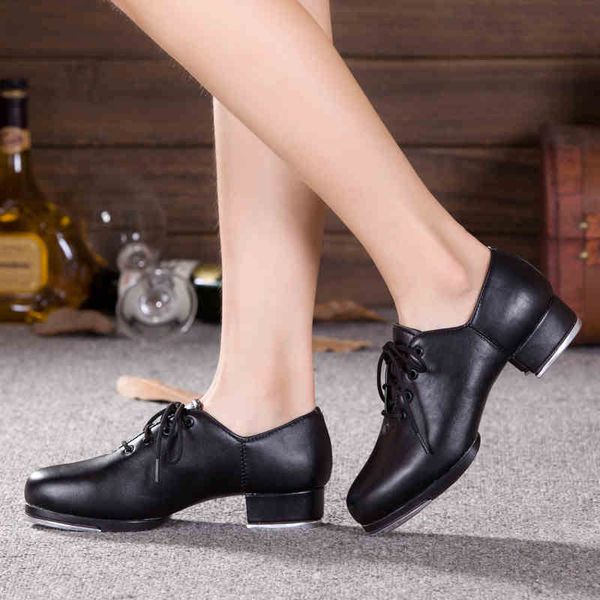 Zapatos de baile de claqué para adultos de cuero genuino, zapatos pateados para hombres y mujeres, zapatos deportivos de cuero de fondo suave, placa de aluminio de alto impacto, zapato negro