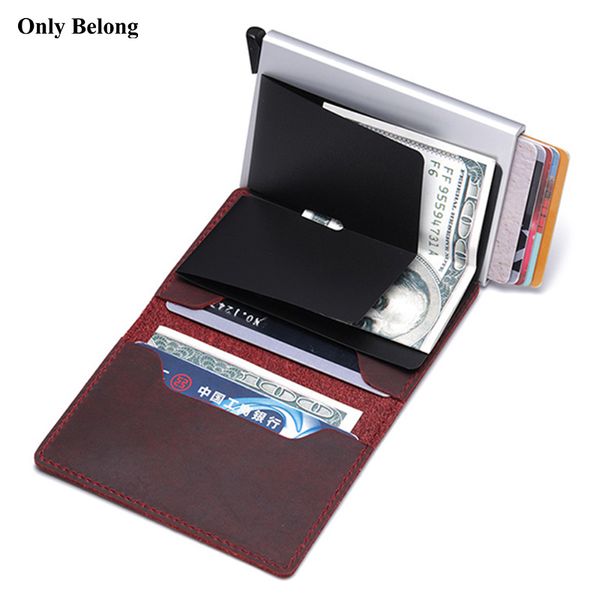 Porte-cartes en cuir véritable alun bloquant le portefeuille automatique Push Up Credit Business Wallet Case Protector