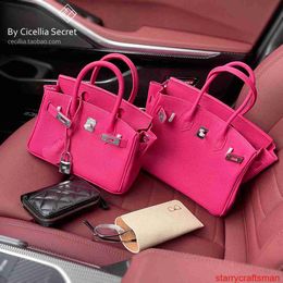 Echte leren tassen Trusted Luxury Handtas Cecilia 2024 Nieuw echt leer Platina tas Togo Toplaag Koeienhuid Framboosrood Rose Rood Zilver Knop W met LOGO HBLN