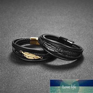 Lederen Bangle Blad Veer Multi-Layer Mannen Armband Rvs Magnetische Sluiting Mode Armbanden Vintage Mannelijke Sieraden Fabriek Prijs Expert Design