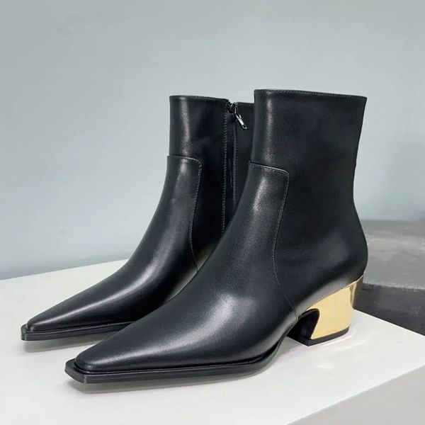 Botines negros de cuero genuino, elegantes zapatos de vestir de invierno con punta estrecha y tacón dorado, botas formales Chelsea para mujer