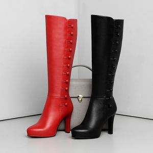 Lederen laarzen vrouwen knie hoge laarzen hoge hak laarzen winter mode sexy vrouw lange zwarte rode rits schoenen
