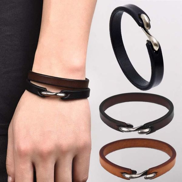 Bracelet en cuir véritable pour hommes rétro noir marron Orange couleur Bracelet manchette classique crochets Bracelet hommes femmes bijoux cadeaux