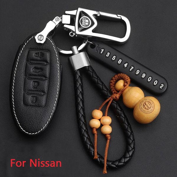 Cubierta de clavos de cuero genuino para Nissan Sunny Livina X-Trail Qashqai Sylphy Tiida Teaan Geniss 2014 Claves de teclas con anillos de coche