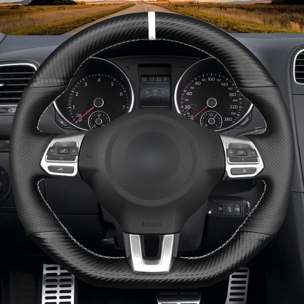 Housse de volant de voiture en cuir véritable en Fiber de carbone pour Volkswagen VW Golf 6 (VI) GTI Polo (R-Line) Scirocco Tiguan (R-Line)