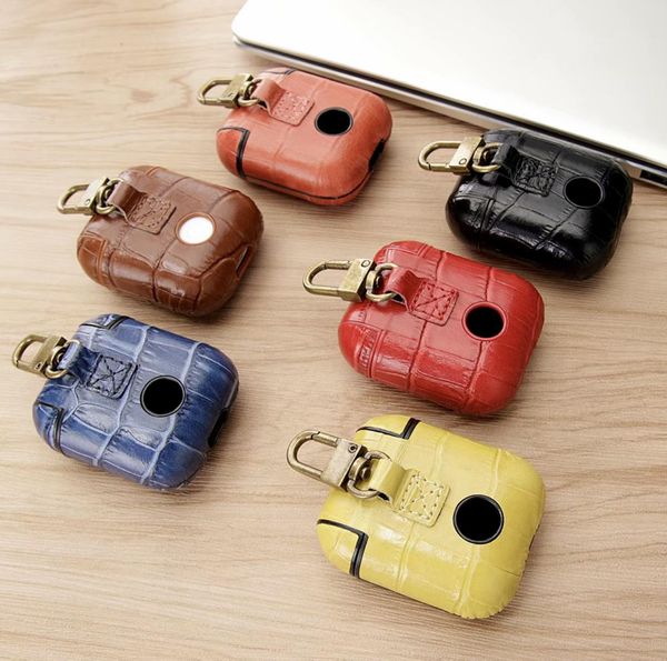 Étui en cuir véritable pour AirPods motif Crocodile de luxe 360 housse de protection complète étui de rangement pour casque avec crochet porte-clés