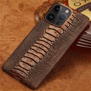 Étui en cuir véritable pour iPhone 14 Pro max 13 12 11 Couverture arrière de texture de pied d'autruche rétro