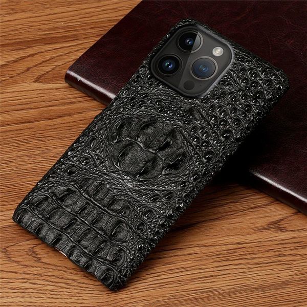 Étui en cuir véritable pour iPhone 14 Pro Max 13 12 3D Crocodile Skull Armor Couverture arrière