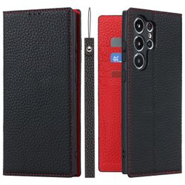 Étuis en cuir véritable pour Samsung Galaxy S23 Ultra S23 Plus, étui Litchi à rabat avec support de livre, couverture de portefeuille pour cartes