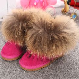 Echte lederen kinderen schoenen Kinderen Snow Boots Natural Big Fox Fur Cold Winter Boys Girls Warm Botas Baby Boots
