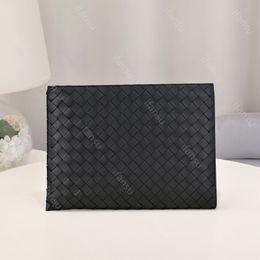 Echt lederen clutch tas High-end designer zakelijke tas Mode Luxe merktas Handgeweven A4-maptas Grote capaciteit Minimalistische stijl Reizen Zwart