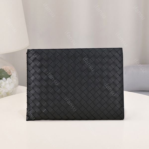 Pochette en cuir véritable sac d'affaires de créateur haut de gamme sac de marque de luxe de mode sac de fichier A4 tissé à la main grande capacité style minimaliste voyage noir