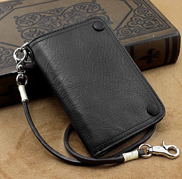 Pochette en cuir véritable Cool Biker Men's Vintage Organizer Purse avec chaîne Noir