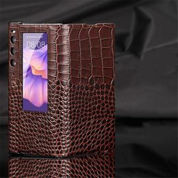 Étui en cuir véritable Crocodile Python Autruche pour Huawei Mate X2 / XS 2 Fenêtre Vue Aimant Flip Stand Cover