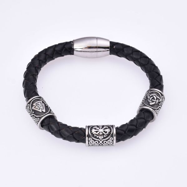 Brazalete de cuero genuino, pulseras de cuentas de runas vikingas de acero inoxidable, joyería para hombres, regalo