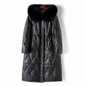 Manteau en cuir véritable avec capuche hiver Long col en fourrure de renard veste en duvet d'oie Parkas épais chaud femmes vêtements coupe-vent noir