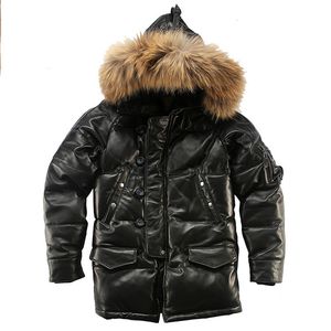 Chaqueta de plumón de cuero genuino con capucha para hombre, abrigo de invierno, chaquetas para hombre, Parka de ganso de nieve delgada, cuello de piel real, rompevientos para nieve, ropa masculina 2021 de talla grande M-XXL