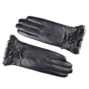 Gants en cuir véritable pour femmes hiver en peluche épaisse isolation écran tactile gants en peau de mouton courts minces gants de conduite de cyclisme 240201