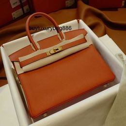 Handtasche aus echtem Leder, Ber Kin-Einkaufstasche, 25 cm, Orange, Luxus-Umhängetasche, Spiegelqualität, Außennaht, Marke Total Handmade, Premium Wax Line Togo Classi