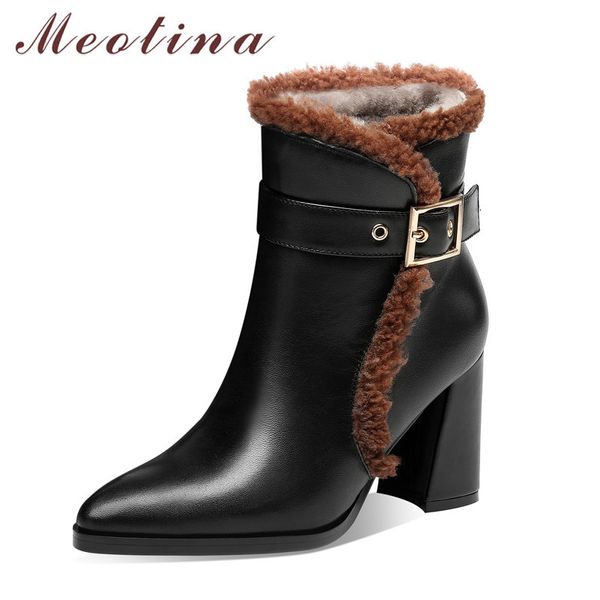 Botines de tacón alto de cuero genuino Zapatos de mujer Punta estrecha Hebilla Tacones de bloque Piel de lana Corto Invierno Negro 33-40 210517