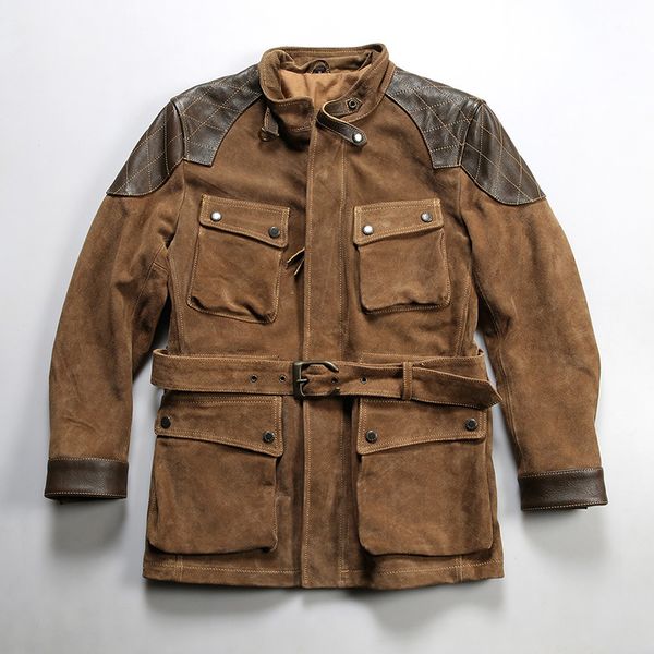 Veste en cuir véritable marron pour hommes, manteau de motard avec ceinture, vêtements d'extérieur, slim fit, grande taille, M L XL XXL XXXL
