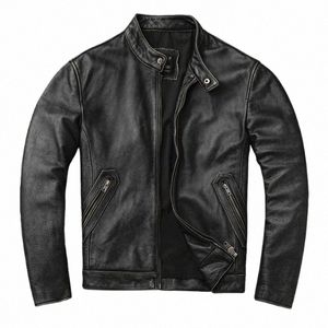 Veste en cuir véritable hommes veste en peau de vache manteau automne hiver gris distré décontracté moto col montant manteau hommes grande taille m09H #