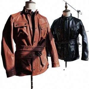 Veste en cuir véritable hommes moto classique rétro col montant multi-poches manteau bombardier pilote vêtements d'extérieur de haute qualité costume safari l00i #