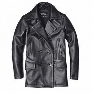 Veste en cuir véritable couche supérieure pour hommes veste en peau de vache mi-longue coupe-vent à revers pour hommes veste cintrée à double boutonnage w7jY #