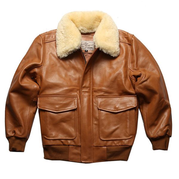 Chaquetas de cuero genuino Hombres Chaqueta de bombardero Cuello de piel de lana Otoño Invierno Abrigo para hombre Tops impermeables Cortavientos Algodón Acolchado Engrosamiento Cálido Negro Marrón