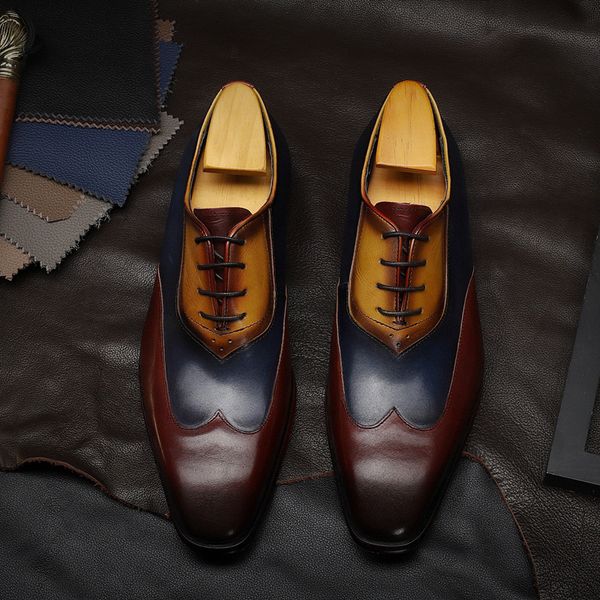 Zapatos de vestir de punta estrecha con cordones de cuero genuino para hombre, zapatos de fiesta de boda formales de colores mezclados de retales para hombre F76