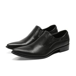 Genuine Leather Men Classic Pointed Toe Business Office Formal Male Black Wedding Dress Shoes Slip on Oxfords Homme 7542