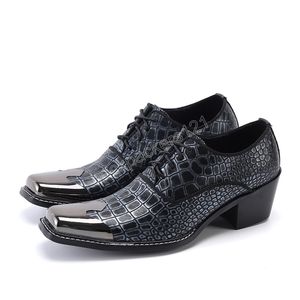 Véritable cuir hommes Oxford chaussures métal bout carré impression robe de soirée chaussures mâle à lacets affaires Brogue chaussures