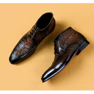 Chaussures à la cheville en cuir véritable pour hommes, noir et marron, à la mode, robe élégante à lacets, bottes à motif Crocodile