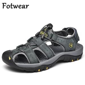 Echt leer heren sandalen groot formaat bedekte teen zomer strand schoenen ademend gat sneakers buiten sneldrogend casual sandalen