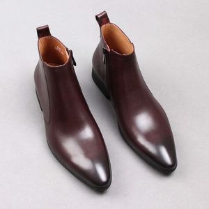 Cuir véritable hommes cheville pointu noir marron formel tenue décontractée chaussures pour hommes bottes côté fermeture éclair fête botte M