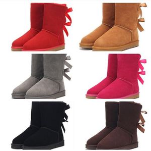 Botas de nieve para mujer con lazo medio U3280 de cuero genuino, botas suaves y cómodas de piel de oveja que mantienen el calor, hermoso regalo