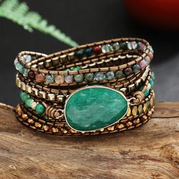 Bracelet en cuir en cuir en cuir naturel Naturel Gemone Crystal Bracelet Vinage Style Green Stone Tree-tissé 5 Bracelet Wrap Bracelet 240528