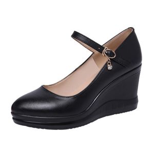 Zapatos de tacón con plataforma de cuero genuino para mujer, zapatos de tacón alto a la moda para mujer, cuñas informales, vestido cómodo de trabajo para mujer 32-43