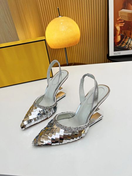 Zapatos formales de tacón inclinado con estampado de cuero genuino para mujer, sandalias de diseñador, sandalias de verano talladas en punta, sexy, con punta abierta, zapatos de moda
