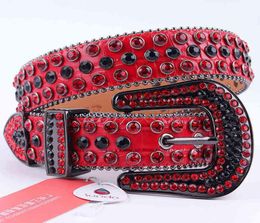 Cinturón de cuero genuino con diamantes de imitación rojos, cinturón vaquero de diseñador de lujo, cinturones con tachuelas de diamantes brillantes para mujer, hombre, Cinturones Para Hombre AA1779008