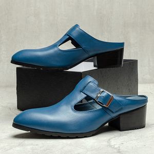 Sandales en cuir véritable Mules pour hommes Pantoufles Talon carré Chaussures d'été bleues p25d50