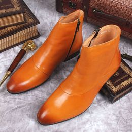 Chaussures en cuir véritable pour hommes, pointues à la cheville, noires et brunes, robe formelle, costume, fermeture éclair latérale, bottes hautes pour hommes