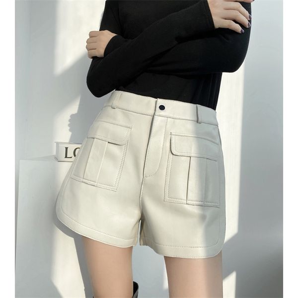 Pantalones cortos de cuero genuino para mujer, cintura alta, primavera y verano, moda coreana, pantalones cortos de motociclista de pierna ancha para mujer, estilo informal 220427