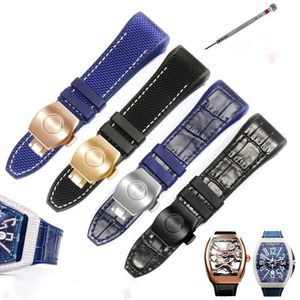 Echt lederen siliconen horlogeketting Geschikt FM V45-serie Blauwe nylon canvas rubberen band voor heren