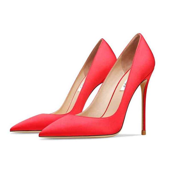 Cuir véritable soie rouge marque femme chaussures bout pointu talons hauts peu profonds classiques pompes élégantes chaussures de bureau robe de soirée chaussure T220813