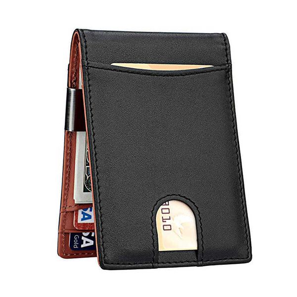 Portefeuille mince en cuir véritable portefeuille de blocage RFID Ultra mince pince à billets hommes court Mini portefeuille WOLFDEER 210311