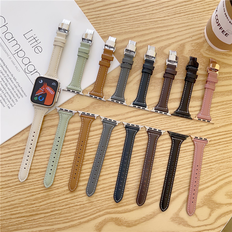 Pulsera de correa de muñeca delgada de cuero genuino para Apple Watch Series 8 7 6 5 4 Banda de hebilla ultra plegable