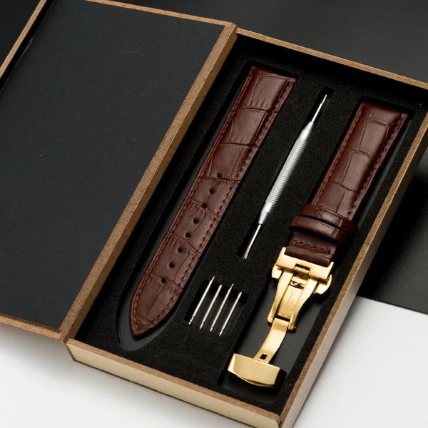 Sangle en cuir authentique avec boîte de surveillance en bois Bracelet Butfly fermoir 18 mm 20 mm 22 mm 24 mm Accessoires de bracelet de poignet 240428