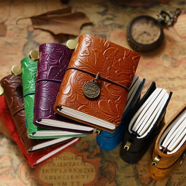 Véritable voyageurs en cuir Note à carnet sculpté Planificateur Mini Notebooks Journal Handmade Diary Sketchbook Stationery 240428