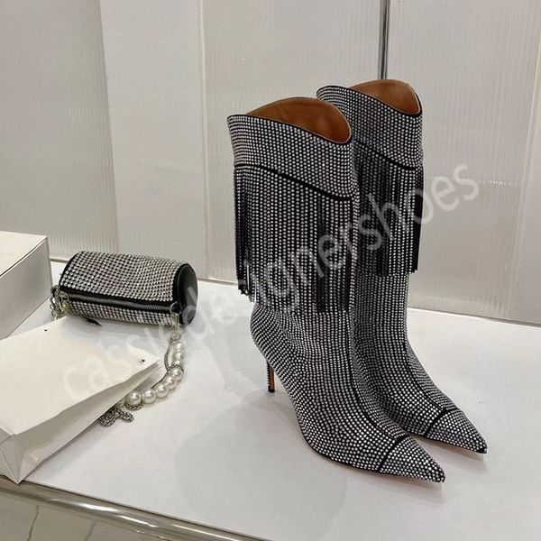 Botas con borlas de diamantes llenos de terciopelo de cuero genuino Zapatos de fiesta de piel de oveja de alta calidad con punta puntiaguda Estilo callejero Zapatos de diseñador Brang de lujo maduros para zapatos